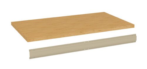 oq3m4uohqr8cwsvd5nsg.jpg A rectangular wooden shelf and a beige metal bracket are displayed against a white background. The shelf is positioned above the bracket, both appearing ready for assembly.
