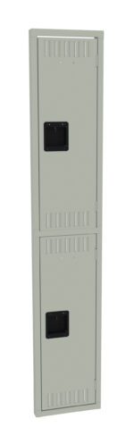 A tall, narrow, gray metal locker with two stacked compartments, each featuring a black handle. The locker has vented slots at the top and bottom of each door.