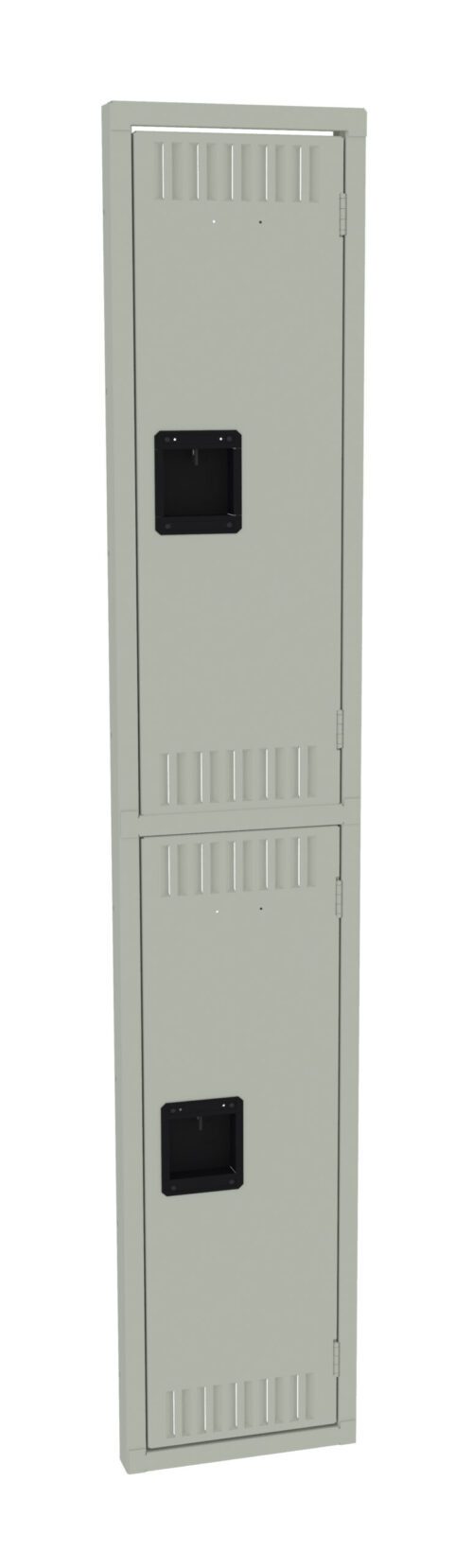 A tall, narrow, gray metal locker with two stacked compartments, each featuring a black handle. The locker has vented slots at the top and bottom of each door.