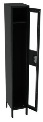 A tall, black metal locker with its door open, revealing an empty interior. The locker has a single compartment and is standing on short legs. The door features a locking mechanism.