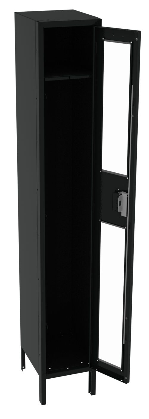 A tall, black metal locker with its door open, revealing an empty interior. The locker has a single compartment and is standing on short legs. The door features a locking mechanism.