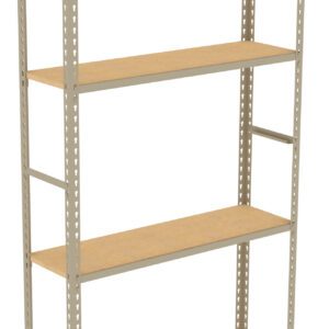 A tall, metal storage shelf with a beige frame and four flat, wooden shelves. The frame has perforated holes throughout its structure. The shelf is empty and stands on a white background.
