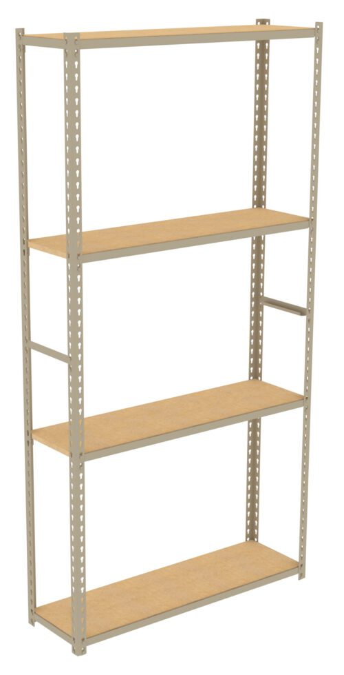 oqie2cd16sowexiiwcuk.jpg A tall, metal storage shelf with a beige frame and four flat, wooden shelves. The frame has perforated holes throughout its structure. The shelf is empty and stands on a white background.
