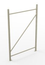 A metal shelving frame with two vertical posts connected by one horizontal and one diagonal support bar, against a plain white background.