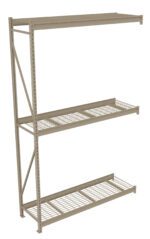 Industrial metal shelving unit with three grid-style shelves and a solid top shelf. The frame is supported by cross-braces on the left side, designed for heavy-duty storage in warehouses or garages. The color is a matte beige.