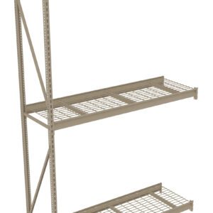 Industrial metal shelving unit with three grid-style shelves and a solid top shelf. The frame is supported by cross-braces on the left side, designed for heavy-duty storage in warehouses or garages. The color is a matte beige.
