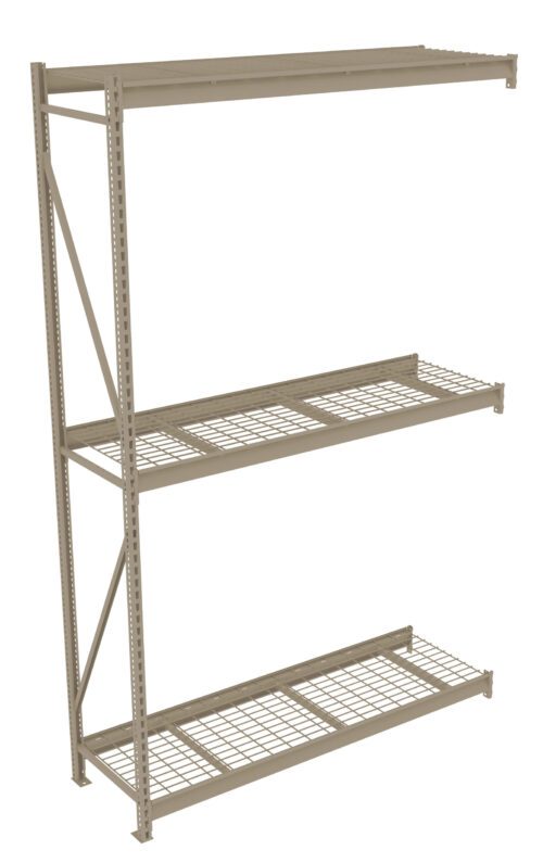 Industrial metal shelving unit with three grid-style shelves and a solid top shelf. The frame is supported by cross-braces on the left side, designed for heavy-duty storage in warehouses or garages. The color is a matte beige.