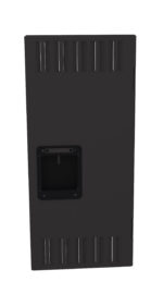 A tall, rectangular black metal door with vertical vents along the top and bottom edges. It has a recessed, rectangular handle area in the center. The door is set against a plain white background.