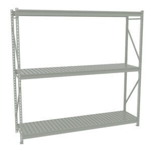A metal storage shelf with three slatted tiers and a light gray finish. The frame has vertical supports and diagonal bracing on the sides for stability.