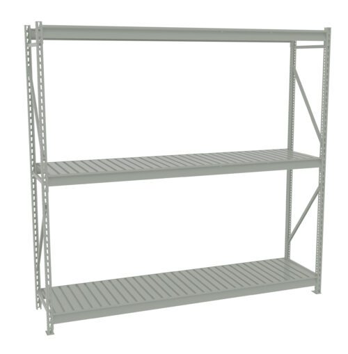 A metal storage shelf with three slatted tiers and a light gray finish. The frame has vertical supports and diagonal bracing on the sides for stability.