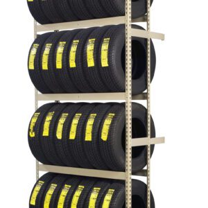 A metal rack displays three rows of stacked black tires, each with a yellow label. The rack is beige, and each row holds multiple identical tires, organized neatly against a white background.
