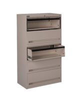 A beige metal filing cabinet with five drawers, two of which are open. The drawers have sleek handles, and the cabinet stands upright with a minimalist design, suitable for office or organizational use.