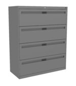 A gray, four-drawer filing cabinet with a lock on the top drawer. The cabinet has a simple, modern design and each drawer features a handle for easy opening. It is positioned against a plain white background.