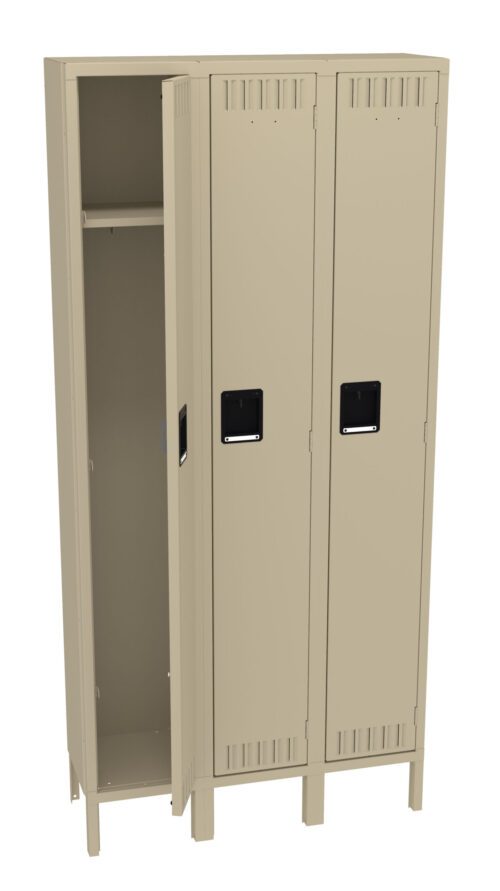 orot3n4jl2xrybmhoz7c.jpg Beige metal locker with three doors, one slightly open revealing an empty compartment inside. Each door has a black rectangular handle. The locker stands on small legs and has vented sections at the top and bottom.