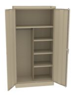 A beige metal storage cabinet with two open doors revealing a layout that includes a rod for hanging items on the left and five shelves on the right, providing organized storage space.