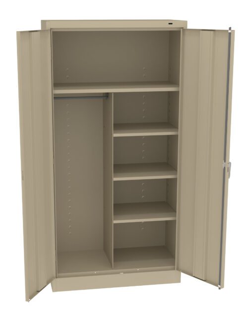 A beige metal storage cabinet with two open doors revealing a layout that includes a rod for hanging items on the left and five shelves on the right, providing organized storage space.
