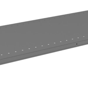 A gray, rectangular metal shelf with perforations and four corner supports. The perspective shows the top and one side, emphasizing its flat and industrial design.