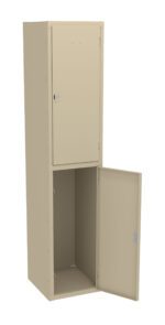 A beige metal locker stands with its top door closed and bottom door open. The locker has a simple design and appears to have a durable structure, suitable for storage.