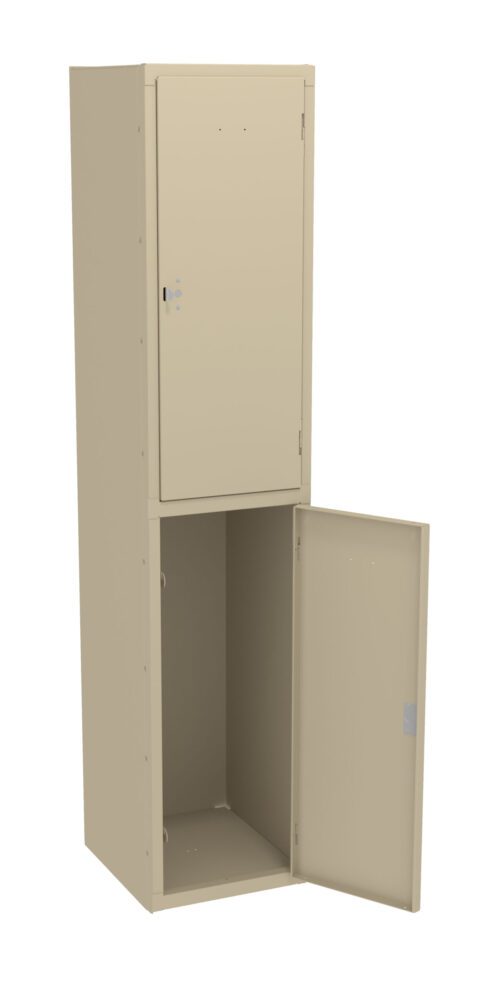 A beige metal locker stands with its top door closed and bottom door open. The locker has a simple design and appears to have a durable structure, suitable for storage.