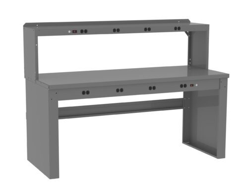 A gray metal workbench with a lower work surface and an upper shelf. Both levels are equipped with multiple electrical outlets, designed for use in technical or industrial environments. The structure is robust and functional.