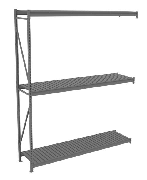 osrxmfayev5ih7pq2kmt.jpg Gray metal shelving unit with three slatted shelves and a vertical support structure on the left. The design is minimalist and industrial, suitable for storage or organizational purposes.