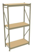 A beige metal shelving unit with three shelves. The frame has vertical beams with multiple holes for adjustable shelf height. The design is simple and industrial, suitable for storage or organizing items.