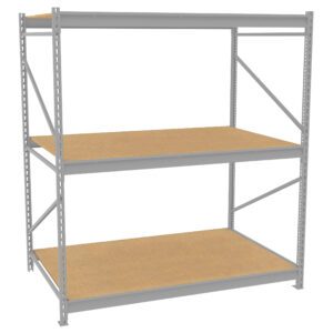 A three-tiered metal shelving unit with empty wooden shelves. The frame is made of gray metal beams with diagonal supports for stability. The design is simple and functional, suitable for storage in a garage or warehouse.