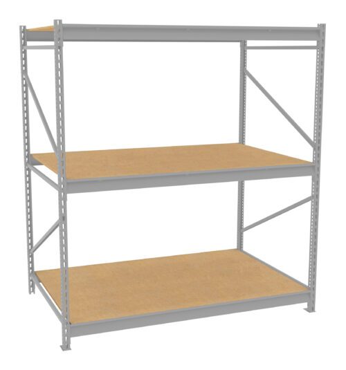A three-tiered metal shelving unit with empty wooden shelves. The frame is made of gray metal beams with diagonal supports for stability. The design is simple and functional, suitable for storage in a garage or warehouse.