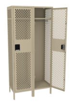 A beige two-door metal locker with a lattice design. One door is open, showing an empty interior with a single shelf and hanging rod inside. The locker has vents for ventilation. The handles are black.