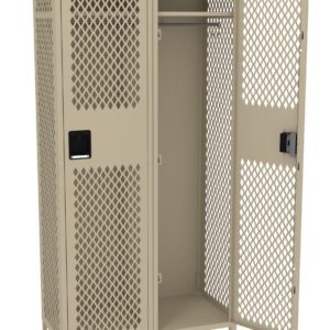 A beige two-door metal locker with a lattice design. One door is open, showing an empty interior with a single shelf and hanging rod inside. The locker has vents for ventilation. The handles are black.
