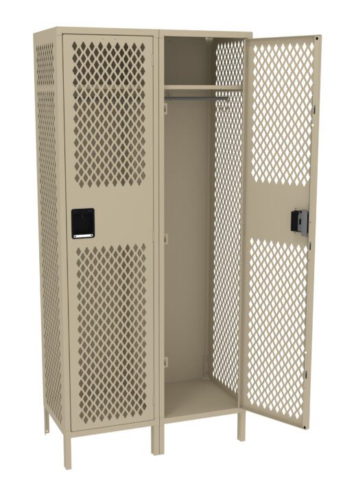 A beige two-door metal locker with a lattice design. One door is open, showing an empty interior with a single shelf and hanging rod inside. The locker has vents for ventilation. The handles are black.