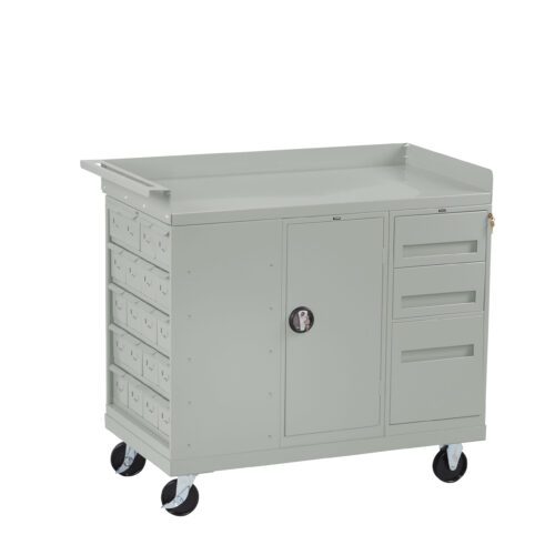 A light gray tool cart with two swivel wheels and two fixed wheels. It features a flat work surface, a central lockable cabinet, three drawers on the right, and six small drawers on the left.