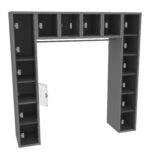 A large, gray U-shaped locker unit with multiple compartments, some with open doors showing spacious interiors. There is also a horizontal rod for hanging items centrally placed between both sides of the unit.