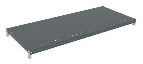 A rectangular metal shelf with a dark gray finish. It has small evenly spaced holes along the edges and silver brackets at each corner for mounting. The shelf is designed for storage or organization.