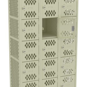 A beige locker unit with three columns and a total of eighteen small compartments, each featuring a lattice design on the doors. One compartment is open, revealing a dark interior. The locker stands on four legs.