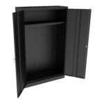 Open black metal storage cabinet with two doors and a single interior shelf. The inside back panel has adjustable holes for additional shelving. The doors have vertical ridges and a key lock mechanism.
