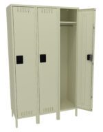 Three beige metal lockers are shown. The left and middle lockers are closed, while the right locker is open, revealing an empty interior with a shelf, hanging rod, and black handle. The lockers stand on short legs.