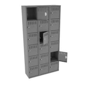 A metal locker unit with multiple compartments, some of which are open, in a vertical arrangement. The locker is gray, and each compartment has a small handle and vents.
