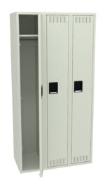 A set of two light gray metal lockers with vented doors. One door is partially open, revealing an empty interior with a shelf and a hanging rod. The lockers have black handles.