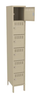 A beige metal locker with seven compartments stacked vertically. The top compartment is open, while the others are closed and have ventilation slots. The locker stands on four legs.