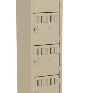A beige metal locker with seven compartments stacked vertically. The top compartment is open, while the others are closed and have ventilation slots. The locker stands on four legs.