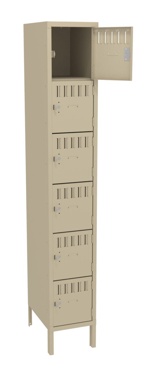 A beige metal locker with seven compartments stacked vertically. The top compartment is open, while the others are closed and have ventilation slots. The locker stands on four legs.