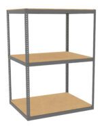 Metal frame storage shelving unit with three wooden shelves. The structure is open on all sides and designed for organizing various items. The metal is gray, and the wood has a natural finish. The unit stands alone against a white background.