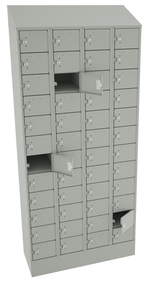A tall, gray locker cabinet with multiple small compartments, some of which are open. Each compartment has a lock mechanism and a white label slot on the front.