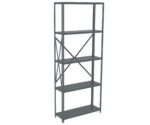 A tall, gray metal shelving unit with five shelves. The shelves are supported by vertical beams and reinforced with diagonal crossbars on the back. The unit is designed for storage and organization.