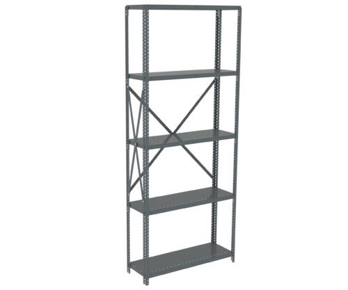 A tall, gray metal shelving unit with five shelves. The shelves are supported by vertical beams and reinforced with diagonal crossbars on the back. The unit is designed for storage and organization.