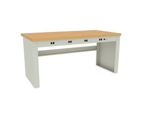 A simple desk with a light wooden top and white base, featuring three circular cable management holes along the back edge. The desk has an open back with a support beam and a side panel on the right.
