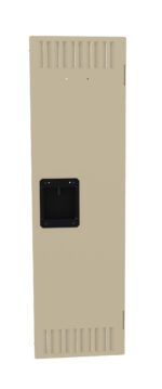 A beige metal locker door with ventilation slits at the top and bottom. It features a black recessed handle in the center. The door is isolated on a white background.