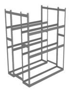 Metal storage rack with multiple horizontal shelves and vertical supports, designed for organizing items in a warehouse or garage. The open framework allows for easy access and visibility of stored items.