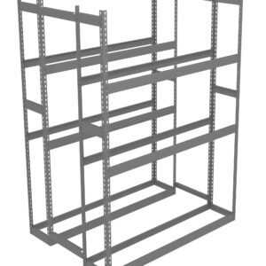 Metal storage rack with multiple horizontal shelves and vertical supports, designed for organizing items in a warehouse or garage. The open framework allows for easy access and visibility of stored items.